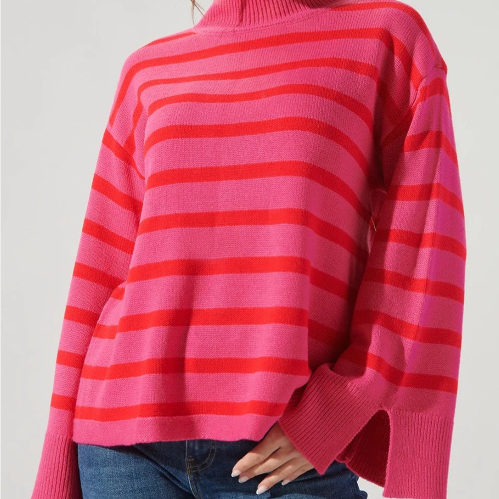 Sugarlips Hot Pink and Red Striped Turtleneck Pullover